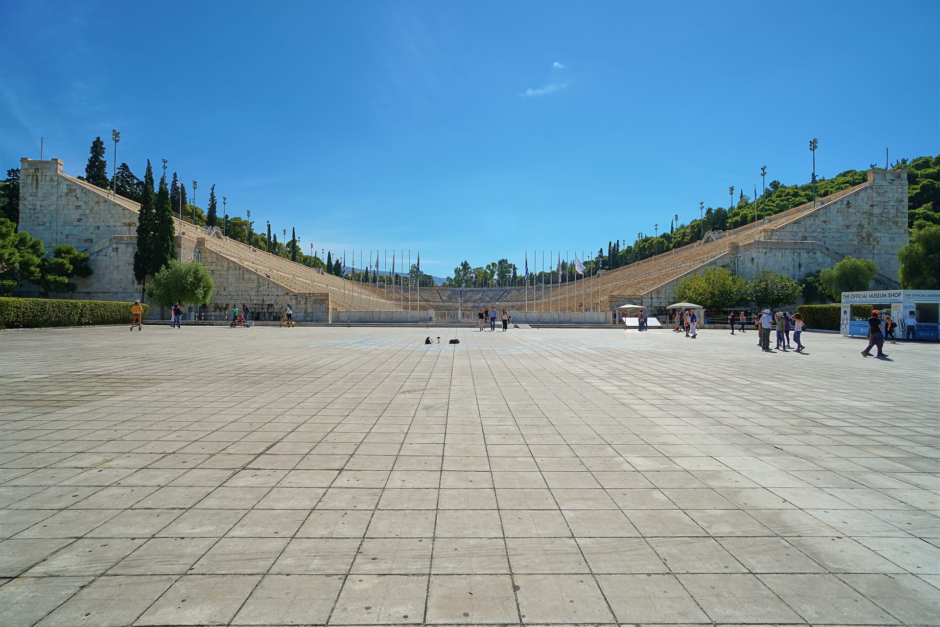 The all-marble Panathenaic Stadium (Kallimarmaro) in Athens, its horseshoe of white marble seating seen from the entrance forecourt.